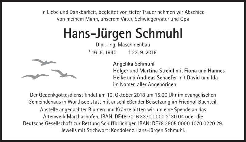  Traueranzeige für Hans-Jürgen Schmuhl vom 06.10.2018 aus Süddeutsche Zeitung