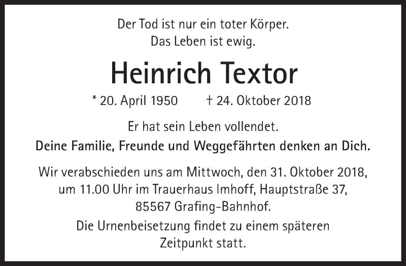  Traueranzeige für Heinrich Textor vom 27.10.2018 aus Süddeutsche Zeitung