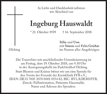 Traueranzeige von Ingeburg Hauswaldt von Süddeutsche Zeitung