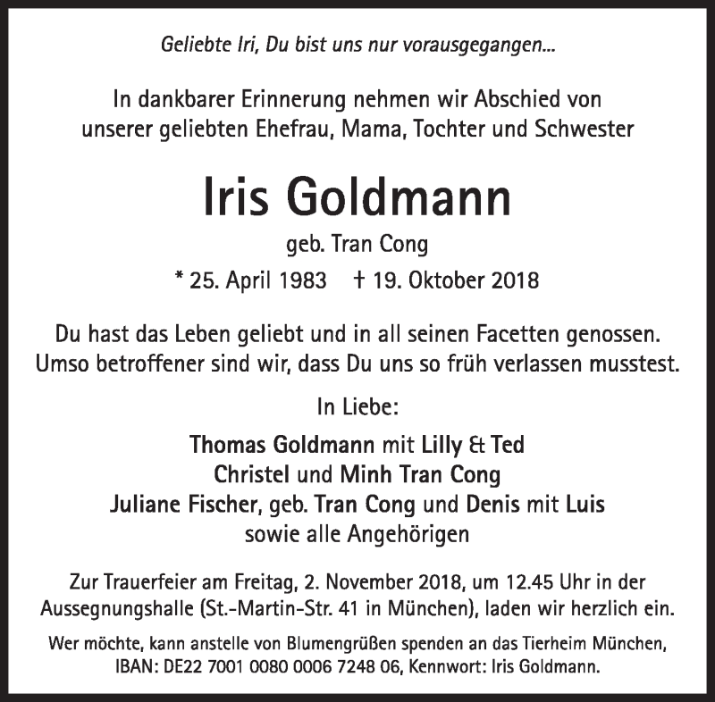  Traueranzeige für Iris Goldmann vom 25.10.2018 aus Süddeutsche Zeitung