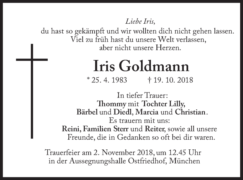  Traueranzeige für Iris Goldmann vom 29.10.2018 aus Süddeutsche Zeitung