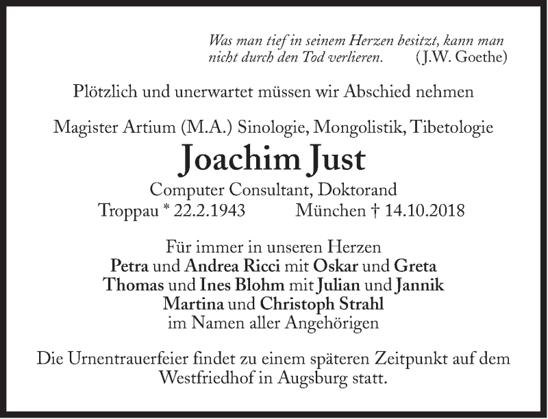  Traueranzeige für Joachim Just vom 20.10.2018 aus Süddeutsche Zeitung