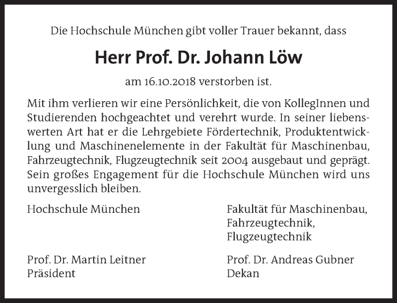  Traueranzeige für Johann Löw vom 23.10.2018 aus Süddeutsche Zeitung