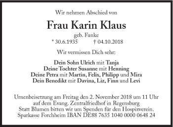 Traueranzeige von Karin Klaus von Süddeutsche Zeitung