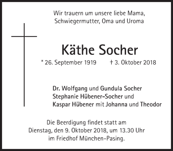 Traueranzeige von Käthe Socher von Süddeutsche Zeitung
