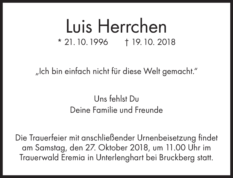  Traueranzeige für Luis Herrchen vom 24.10.2018 aus Süddeutsche Zeitung