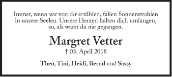 Traueranzeige von Margret Vetter von Süddeutsche Zeitung