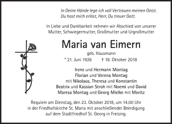 Traueranzeige von Maria van Eimern von Süddeutsche Zeitung