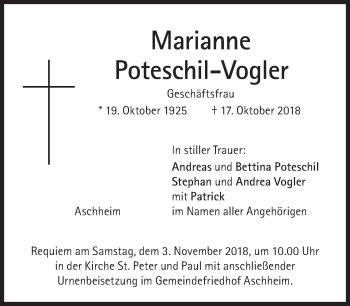 Traueranzeige von Marianne Poteschil-Vogler von Süddeutsche Zeitung