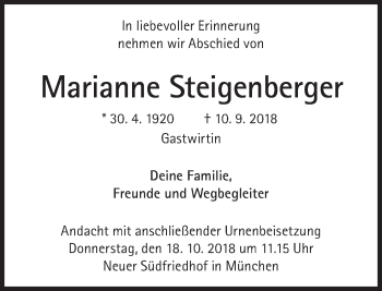 Traueranzeige von Marianne Steigenberger von Süddeutsche Zeitung