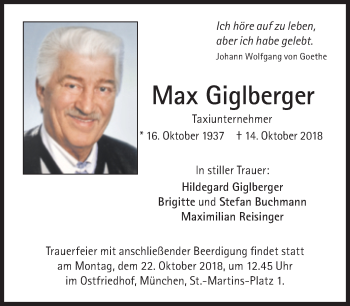 Traueranzeige von Max Giglberger von Süddeutsche Zeitung