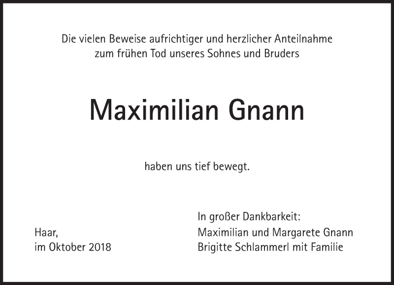  Traueranzeige für Maximilian Gnann vom 13.10.2018 aus Süddeutsche Zeitung
