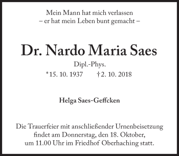Traueranzeige von Nardo Maria Saes von Süddeutsche Zeitung