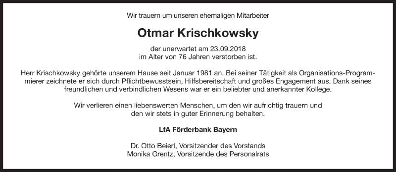  Traueranzeige für Otmar Krischkowsky vom 06.10.2018 aus Süddeutsche Zeitung