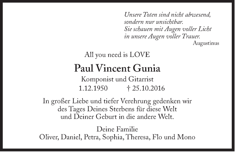  Traueranzeige für Paul Vincent Gunia vom 25.10.2018 aus Süddeutsche Zeitung