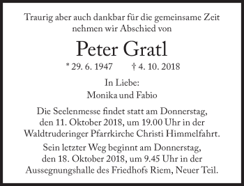 Traueranzeige von Peter Gratl von Süddeutsche Zeitung