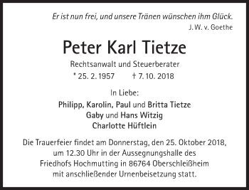 Traueranzeige von Peter Karl Tietze von Süddeutsche Zeitung