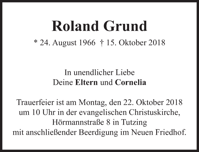  Traueranzeige für Roland Grund vom 19.10.2018 aus Süddeutsche Zeitung