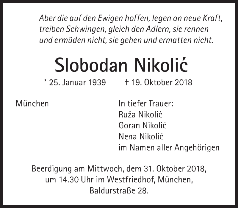  Traueranzeige für Slobodan Nikolic vom 27.10.2018 aus Süddeutsche Zeitung