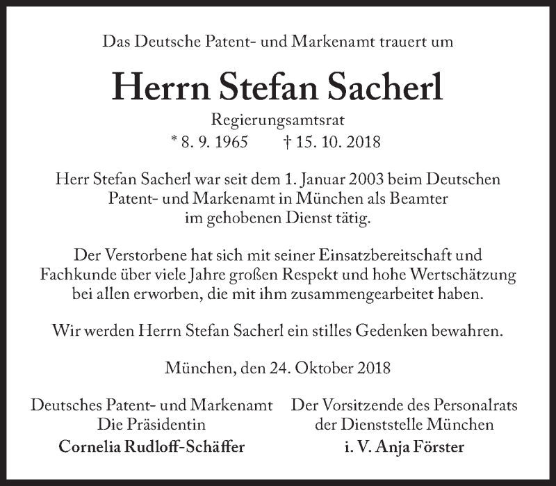 Traueranzeige für Stefan Sacherl vom 27.10.2018 aus Süddeutsche Zeitung