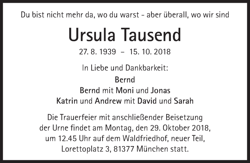  Traueranzeige für Ursula Tausend vom 20.10.2018 aus Süddeutsche Zeitung