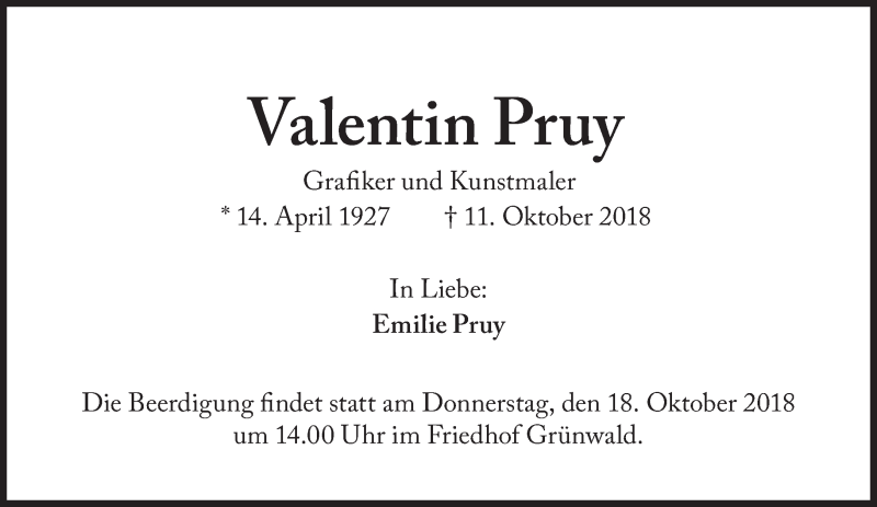  Traueranzeige für Valentin Pruy vom 16.10.2018 aus Süddeutsche Zeitung