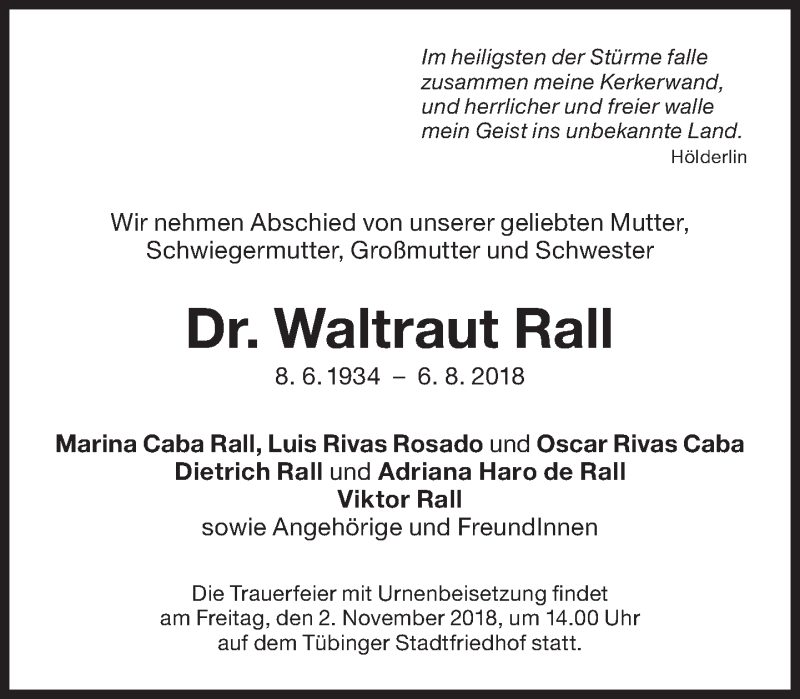  Traueranzeige für Waltraut Rall vom 20.10.2018 aus Süddeutsche Zeitung