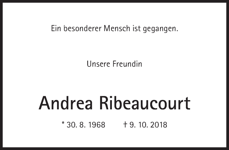  Traueranzeige für Andrea Ribeaucourt vom 10.11.2018 aus Süddeutsche Zeitung