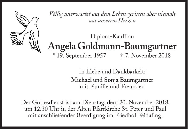  Traueranzeige für Angela Goldmann-Baumgartner vom 17.11.2018 aus Süddeutsche Zeitung