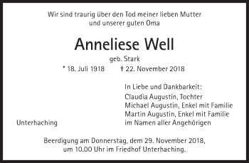 Traueranzeige von Anneliese Well von Süddeutsche Zeitung