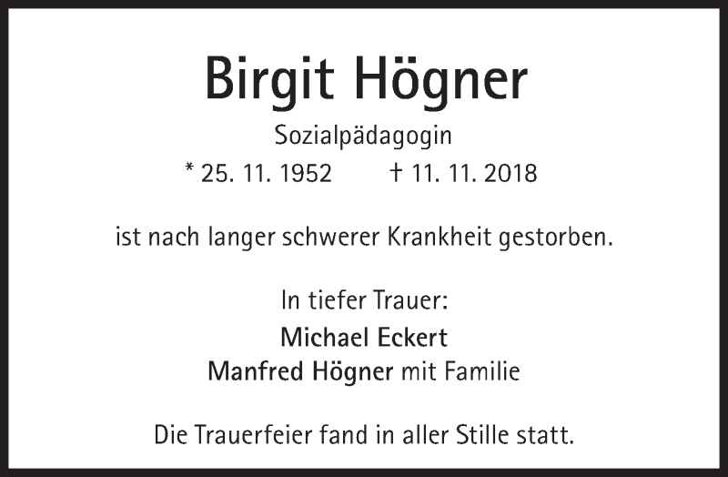  Traueranzeige für Birgit Högner vom 17.11.2018 aus Süddeutsche Zeitung