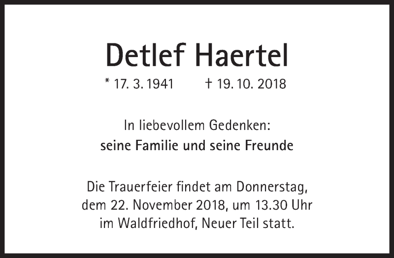  Traueranzeige für Detlef Haertel vom 17.11.2018 aus Süddeutsche Zeitung