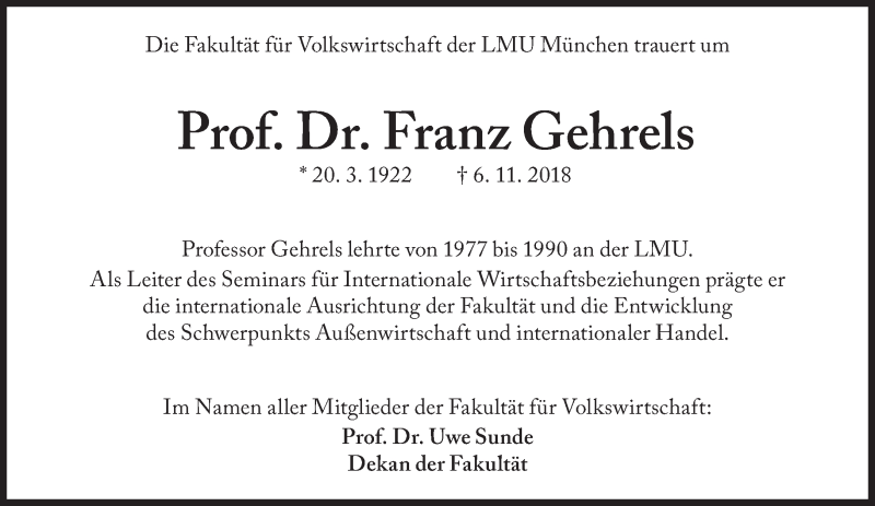  Traueranzeige für Franz Gehrels vom 13.11.2018 aus Süddeutsche Zeitung