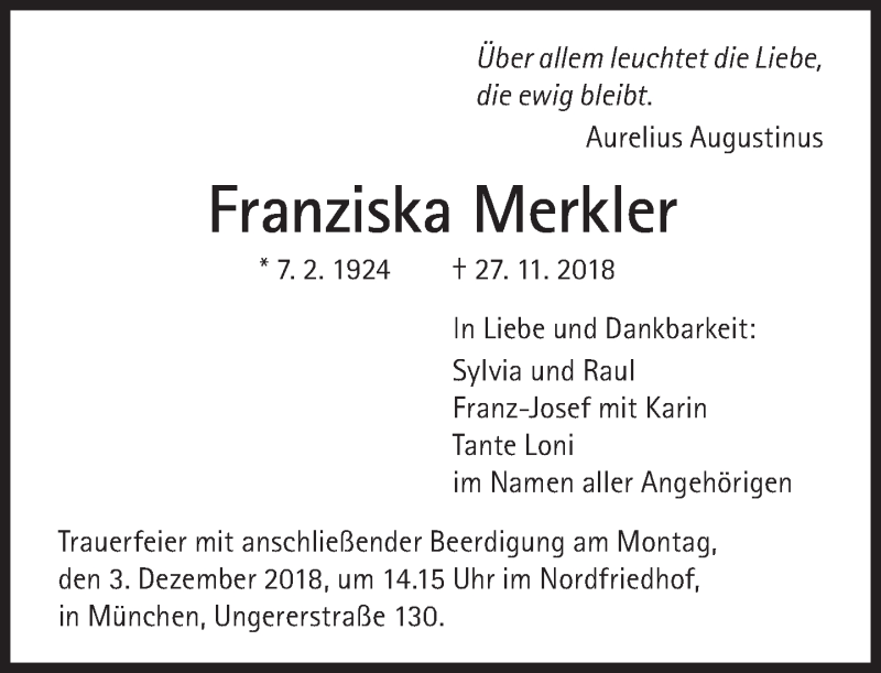  Traueranzeige für Franziska Merkler vom 01.12.2018 aus Süddeutsche Zeitung