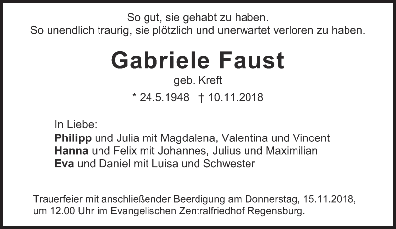  Traueranzeige für Gabriele Faust vom 13.11.2018 aus Süddeutsche Zeitung