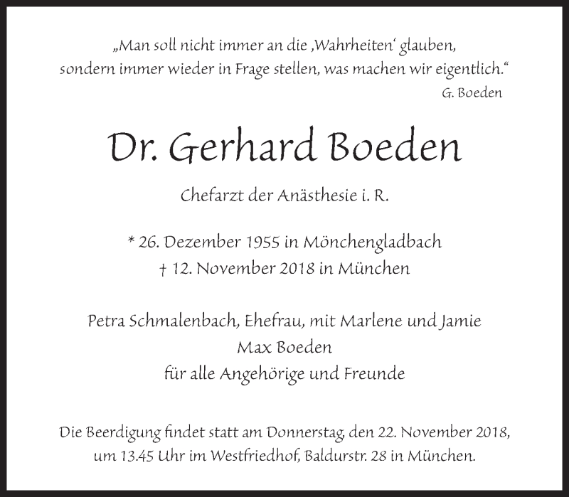 Traueranzeige für Gerhard Boeden vom 17.11.2018 aus Süddeutsche Zeitung