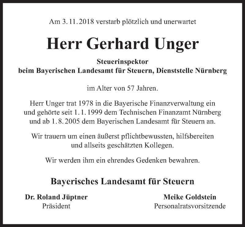  Traueranzeige für Gerhard Unger vom 09.11.2018 aus Süddeutsche Zeitung