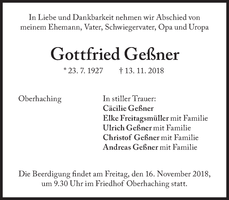  Traueranzeige für Gottfried Geßner vom 15.11.2018 aus Süddeutsche Zeitung