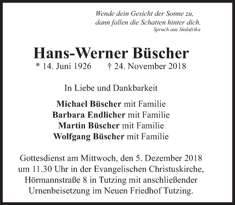  Traueranzeige für Hans-Werner Büscher vom 01.12.2018 aus Süddeutsche Zeitung
