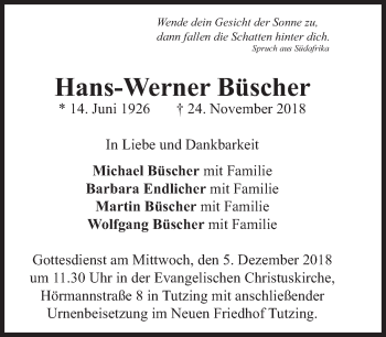 Traueranzeige von Hans-Werner Büscher von Süddeutsche Zeitung