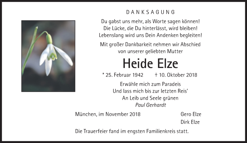  Traueranzeige für Heide Elze vom 10.11.2018 aus Süddeutsche Zeitung