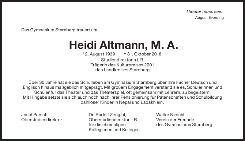  Traueranzeige für Heidi Altmann vom 03.11.2018 aus Süddeutsche Zeitung