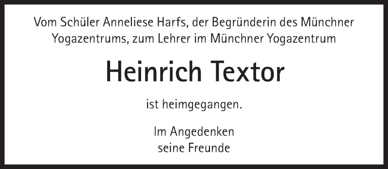  Traueranzeige für Heinrich Textor vom 03.11.2018 aus Süddeutsche Zeitung