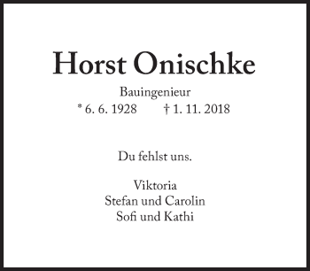 Traueranzeige von Horst Onischke von Süddeutsche Zeitung
