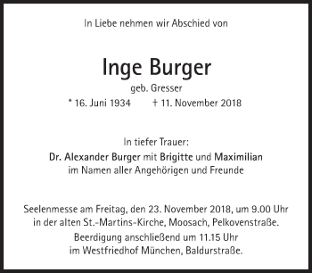 Traueranzeige von Inge Burger von Süddeutsche Zeitung