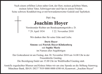 Traueranzeige von Joachim Hoyer von Süddeutsche Zeitung