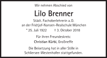 Traueranzeige von Lilo Brenner von Süddeutsche Zeitung
