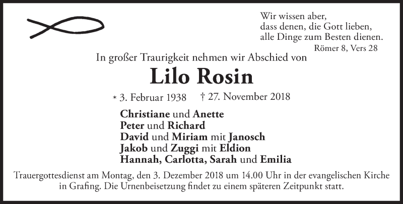  Traueranzeige für Lilo Rosin vom 30.11.2018 aus Süddeutsche Zeitung