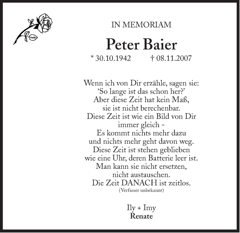  Traueranzeige für Peter Baier vom 08.11.2018 aus Süddeutsche Zeitung
