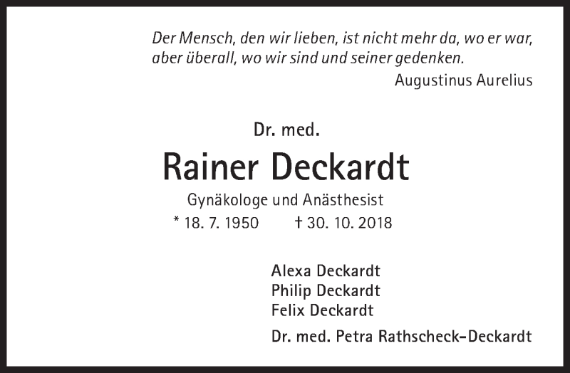  Traueranzeige für Rainer Deckardt vom 03.11.2018 aus Süddeutsche Zeitung